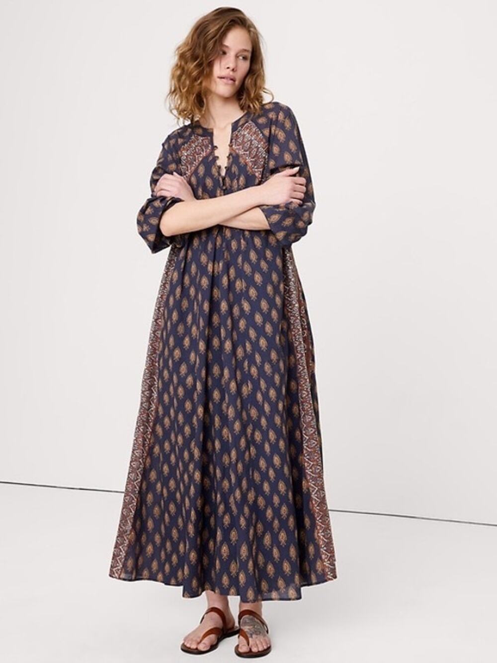 Banana Republic Cotton Kaftan Maxi Dress XS/S Navy Boho No Belt